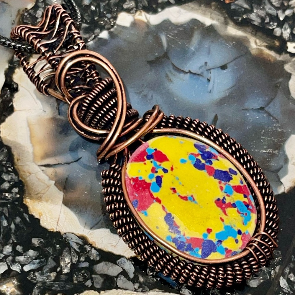 Rainbow Calsilica in Copper-wire Pendant 2 7/8”